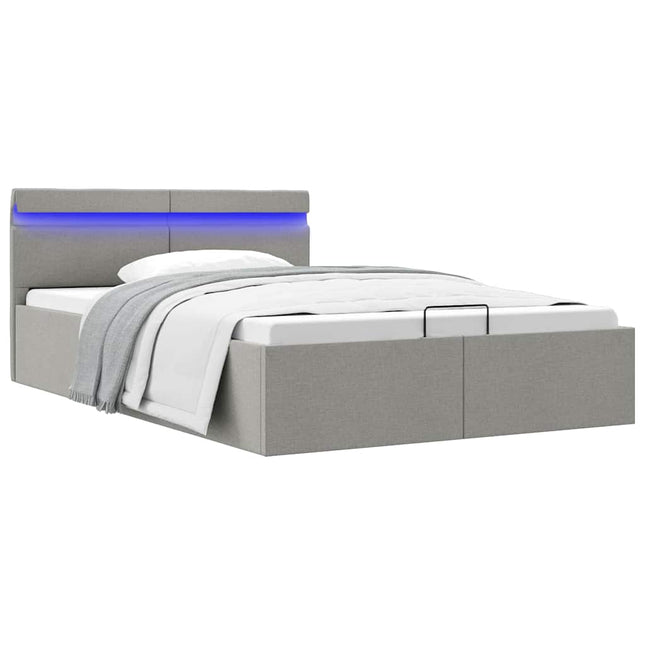 hydraulisk opbevaringsseng med LED 140x200 cm stof lysegrå