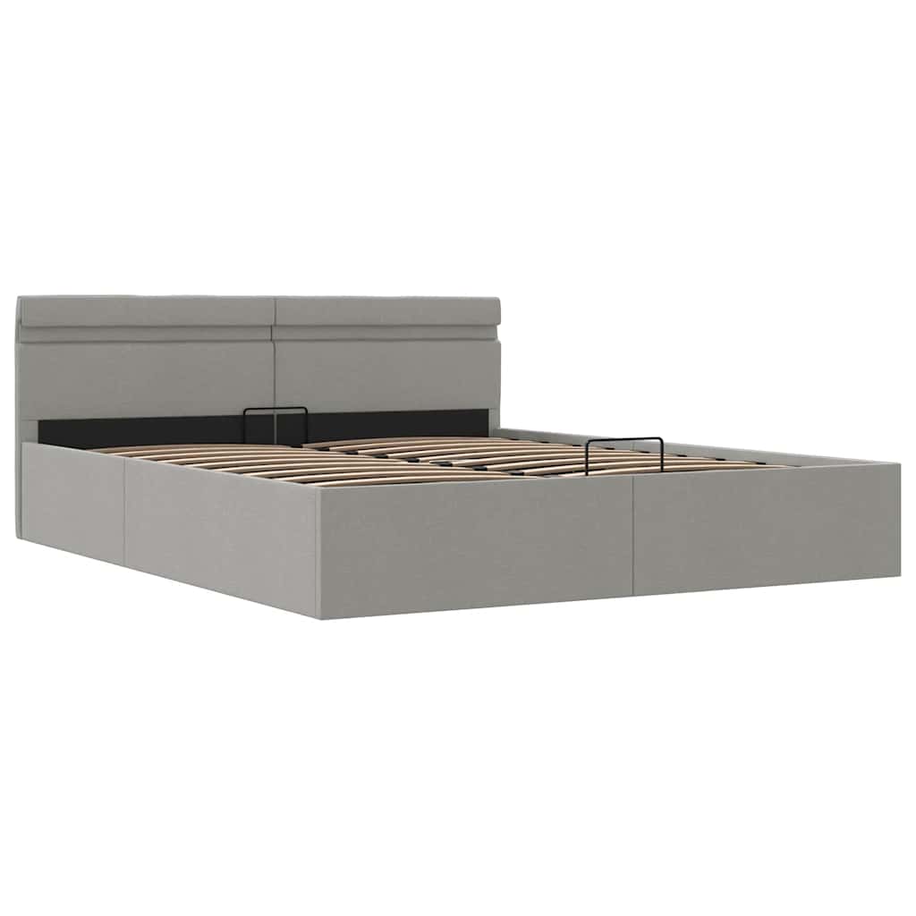 hydraulisk opbevaringsseng med LED 160x200 cm stof lysegrå