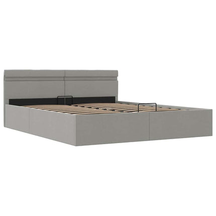 hydraulisk opbevaringsseng med LED 160x200 cm stof lysegrå