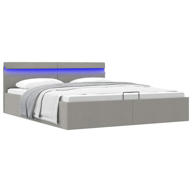 hydraulisk opbevaringsseng med LED 160x200 cm stof lysegrå