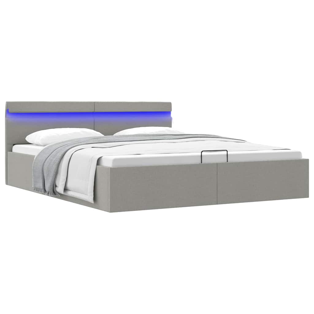 hydraulisk opbevaringsseng med LED 160x200 cm stof lysegrå