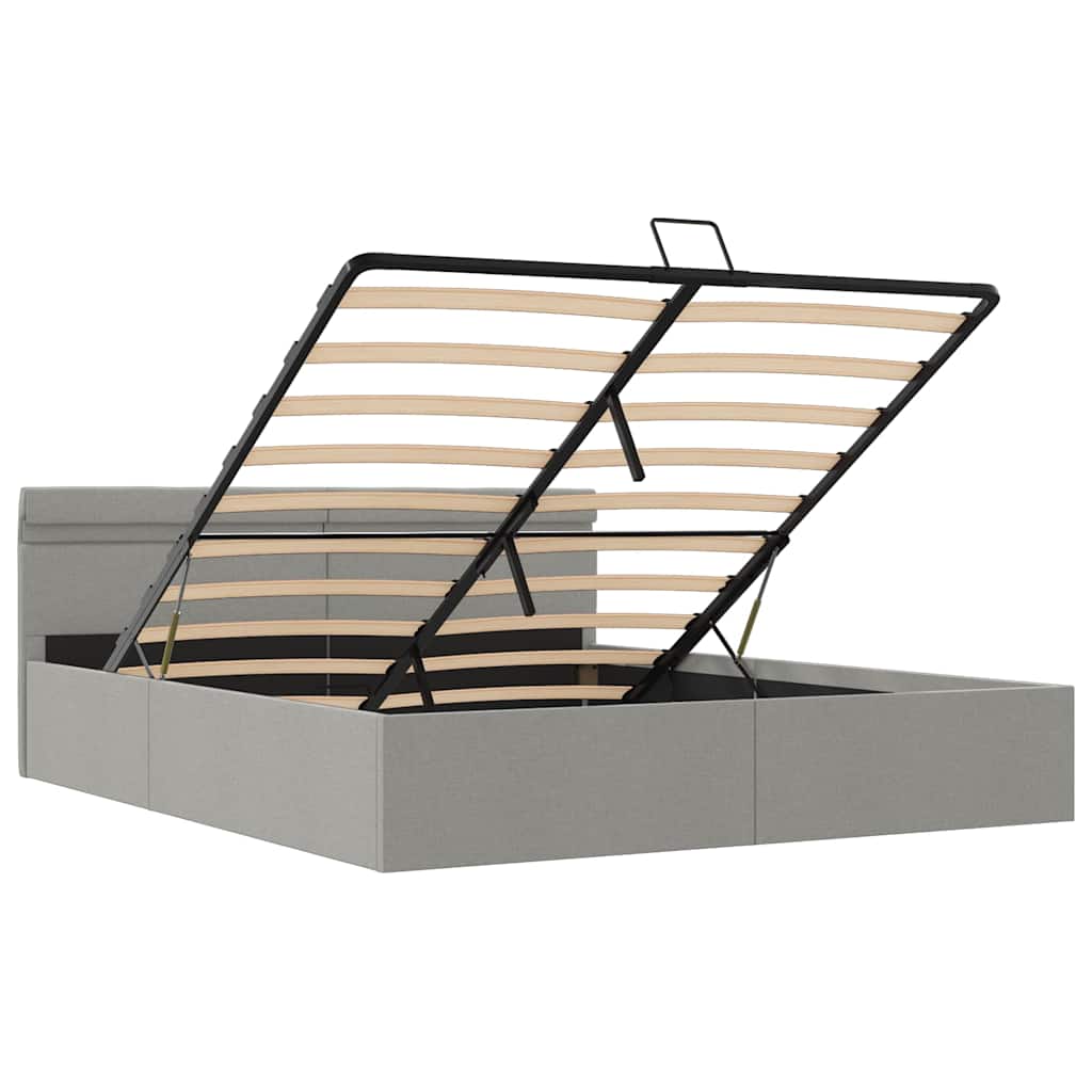 hydraulisk opbevaringsseng med LED 180x200 cm stof lysegrå