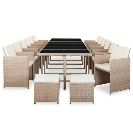 udendørs spisebordssæt 17 dele med hynder polyrattan beige