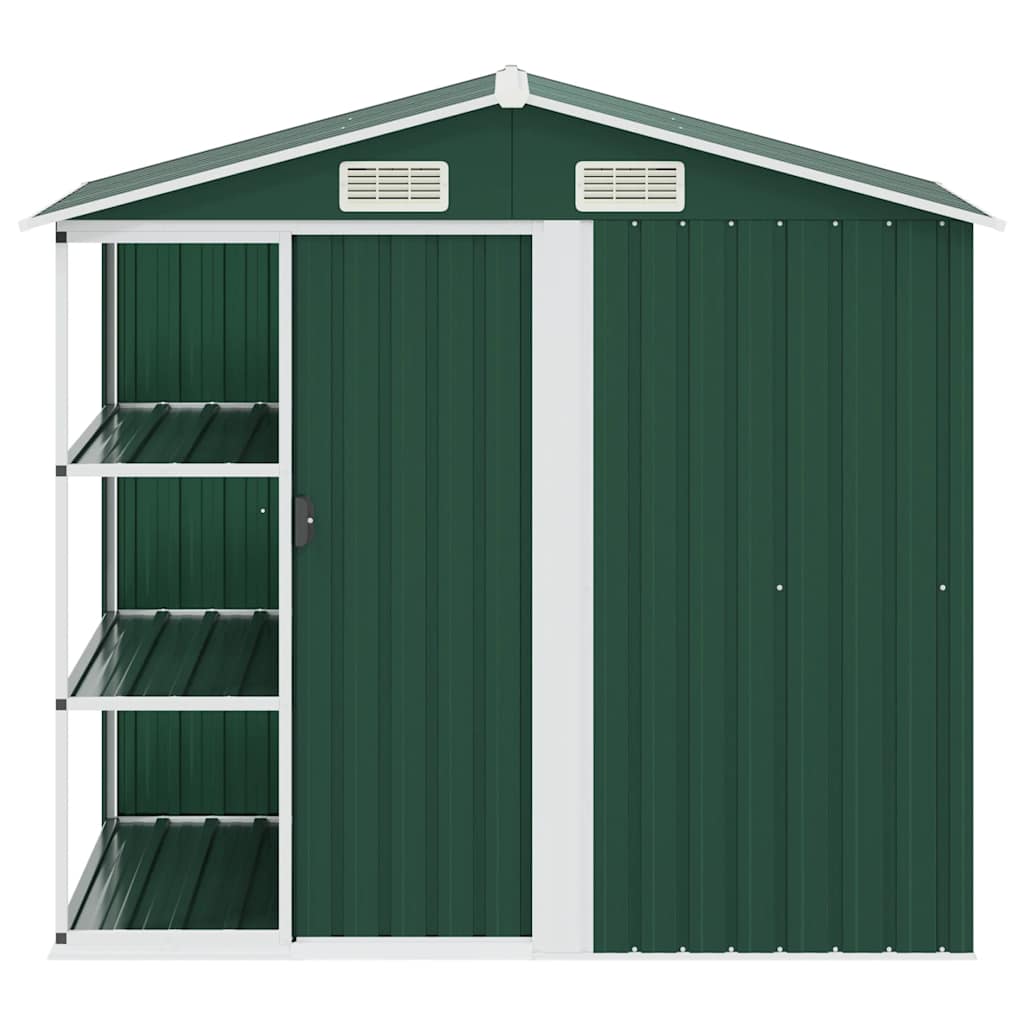 haveskur med reol 205x130x183 cm jern grøn