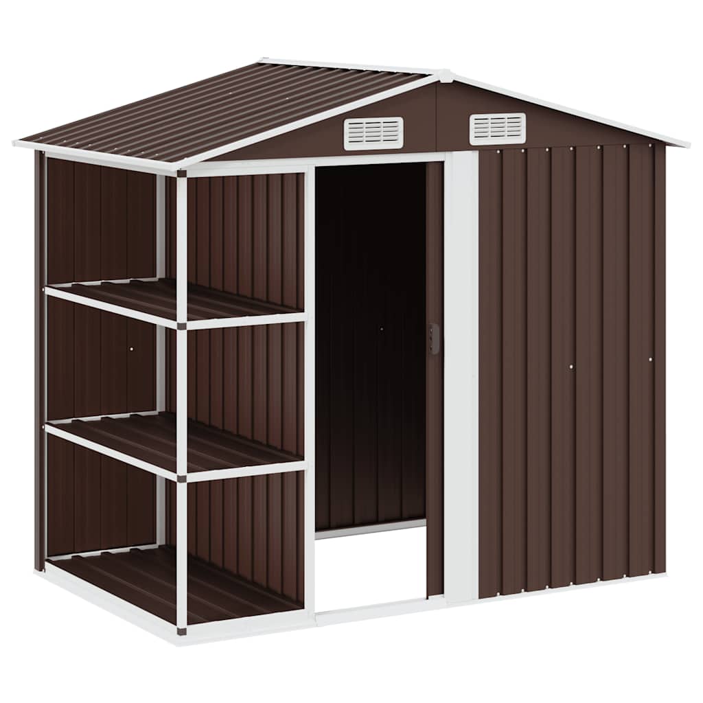 haveskur med reol 205x130x183 cm jern brun