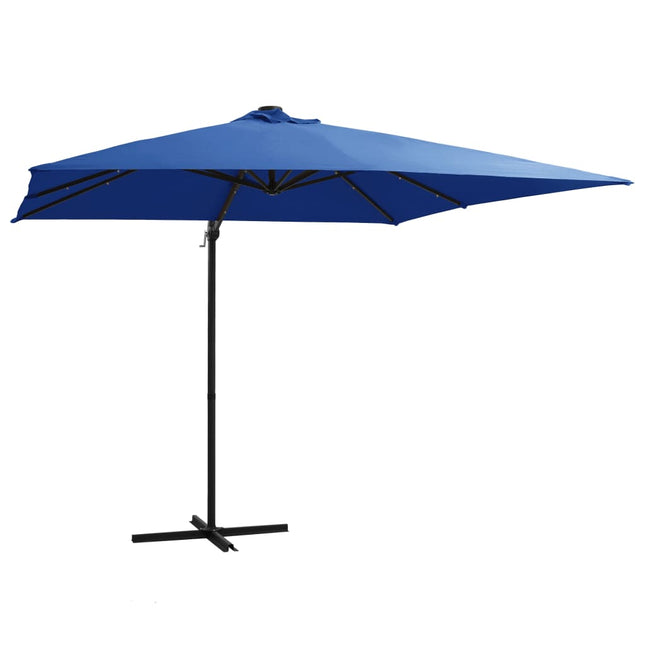 hængeparasol med LED-lys og stålstang 250x250 cm azurblå