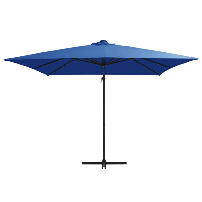 hængeparasol med LED-lys og stålstang 250x250 cm azurblå