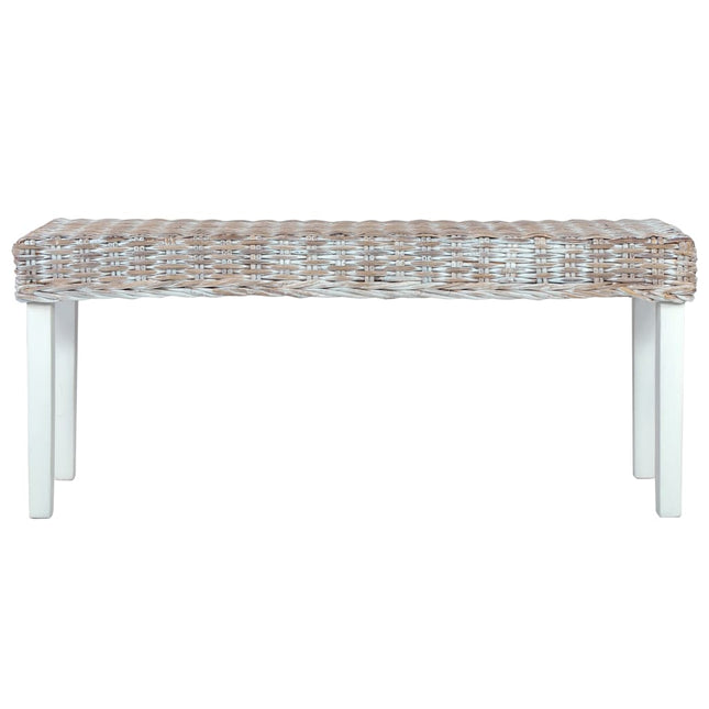 bænk 110 cm naturlig kubu-rattan massivt mahognitræ hvid