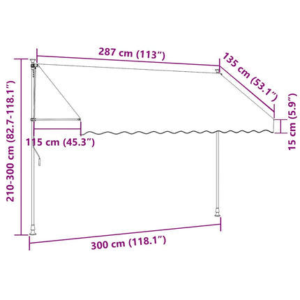markise m. LED-lys manuel betjening 300 cm orange og brun