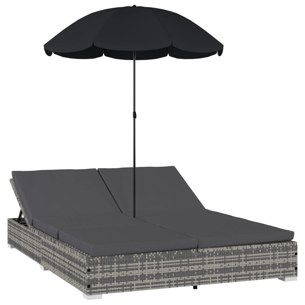 udendørs solseng med parasol polyrattan grå