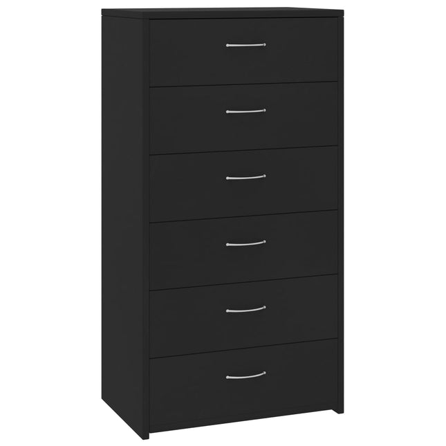 kommode med 6 skuffer 50x34x96 cm konstrueret træ sort