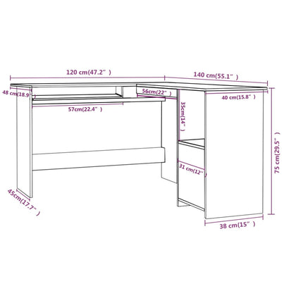 L-formet skrivebord 120x140x75 cm konstrueret træ betongrå