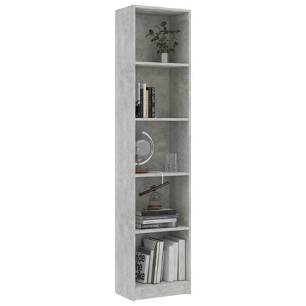 bogreol med 5 hylder 40x24x175 cm konstrueret træ betongrå