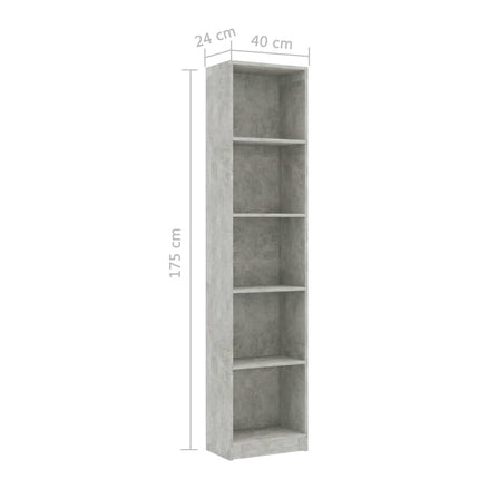 bogreol med 5 hylder 40x24x175 cm konstrueret træ betongrå