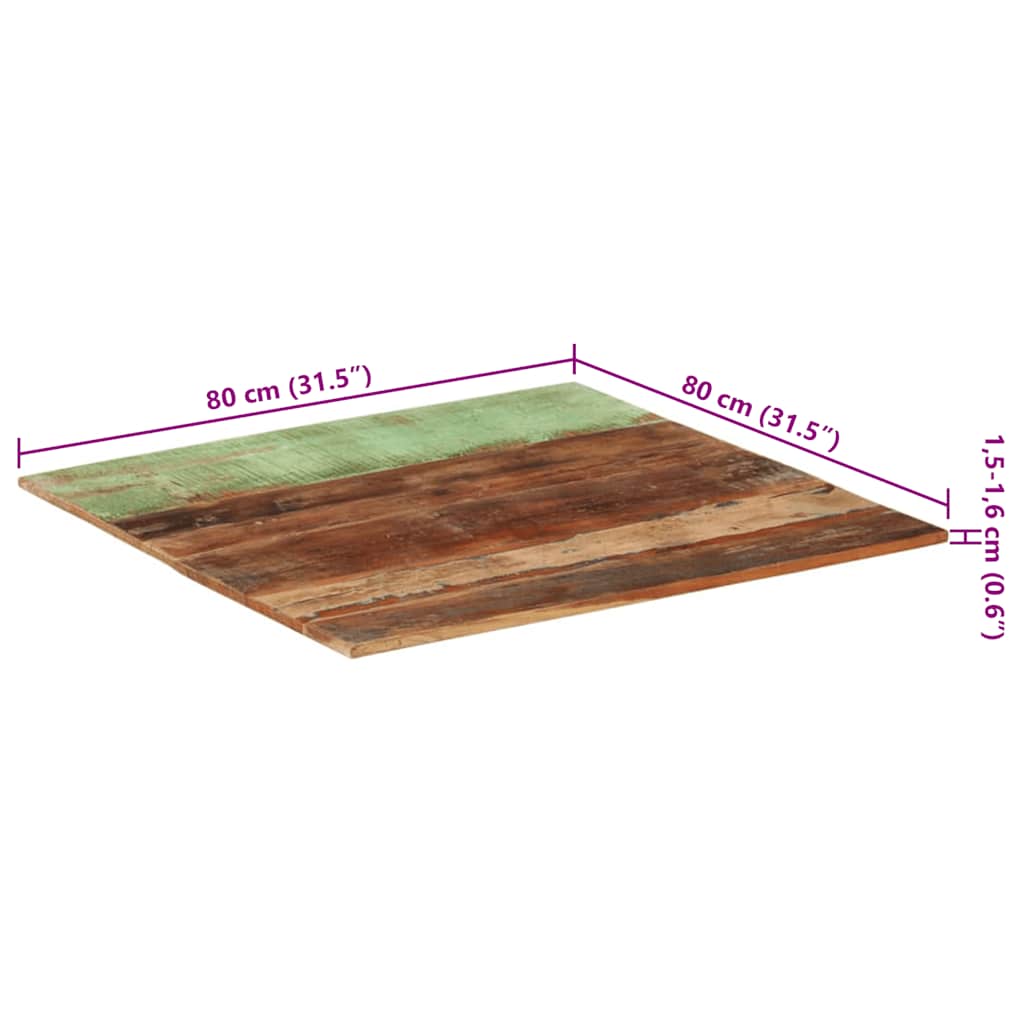 bordplade 80x80 cm 15-16 mm firkantet massivt genbrugstræ