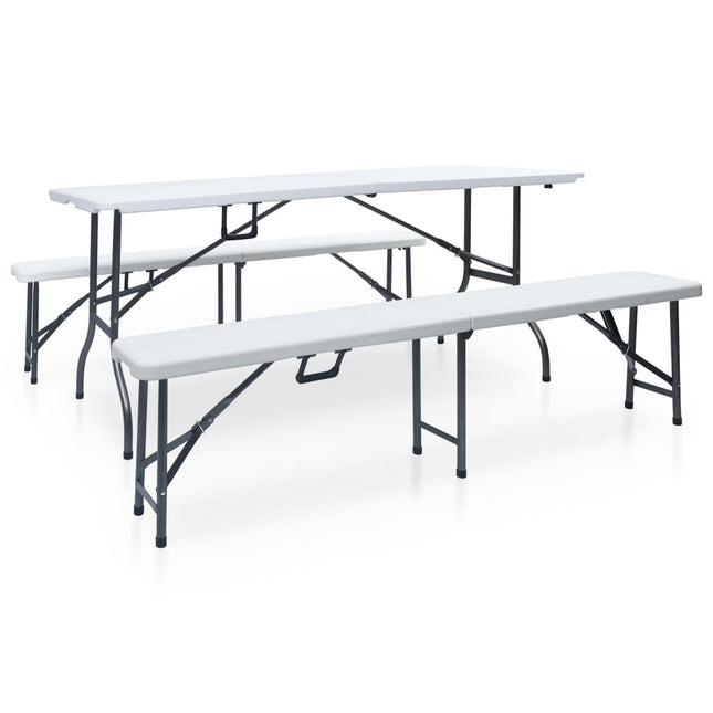 foldbart havebord med 2 bænke 180 cm stål og HDPE hvid