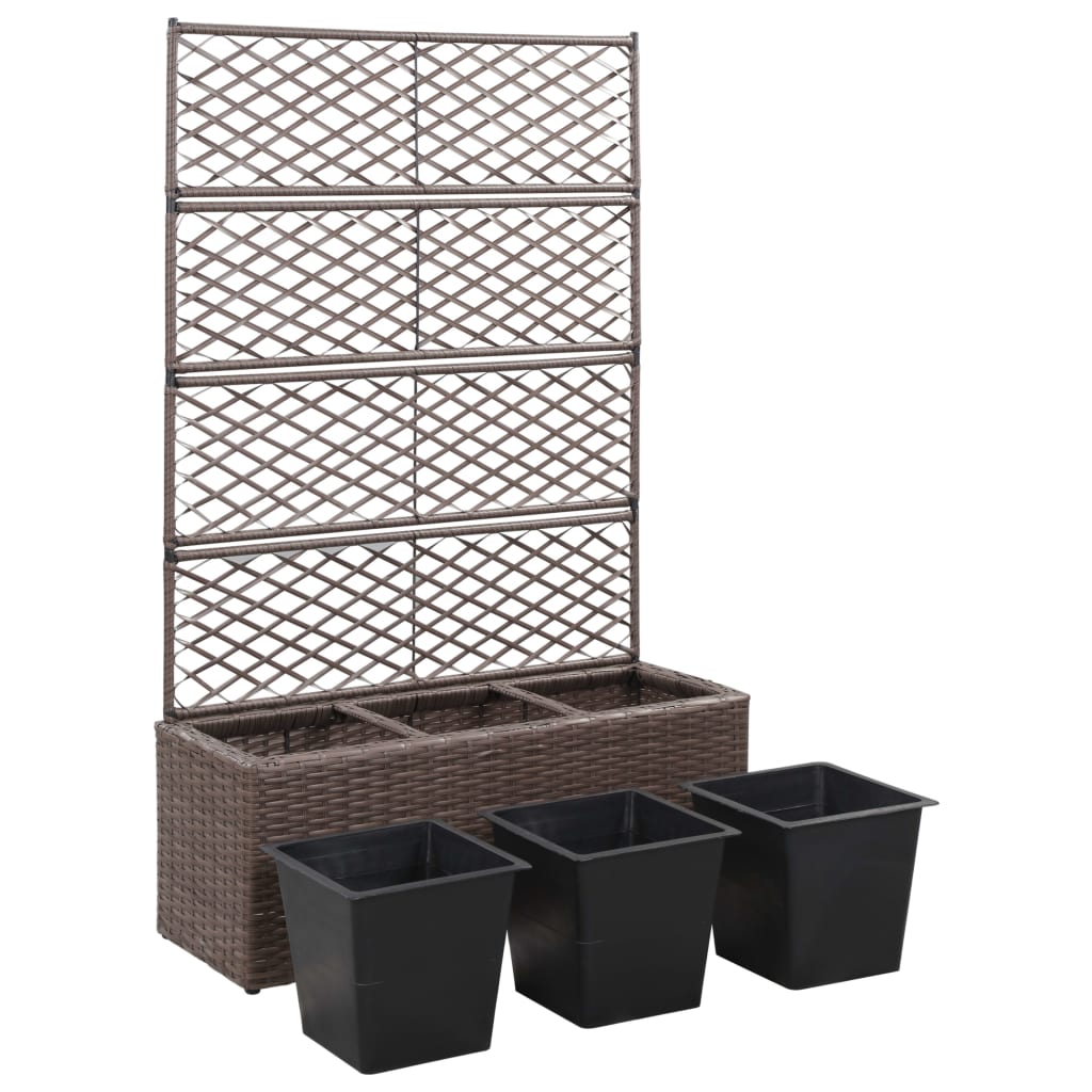 espalier med plantekasse 3 krukker 83x30x130 cm polyrattan brun