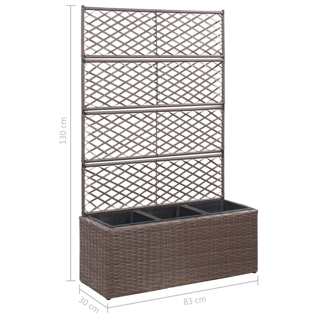 espalier med plantekasse 3 krukker 83x30x130 cm polyrattan brun