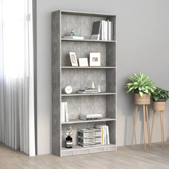 bogreol med 5 hylder 80x24x175 cm konstrueret træ betongrå