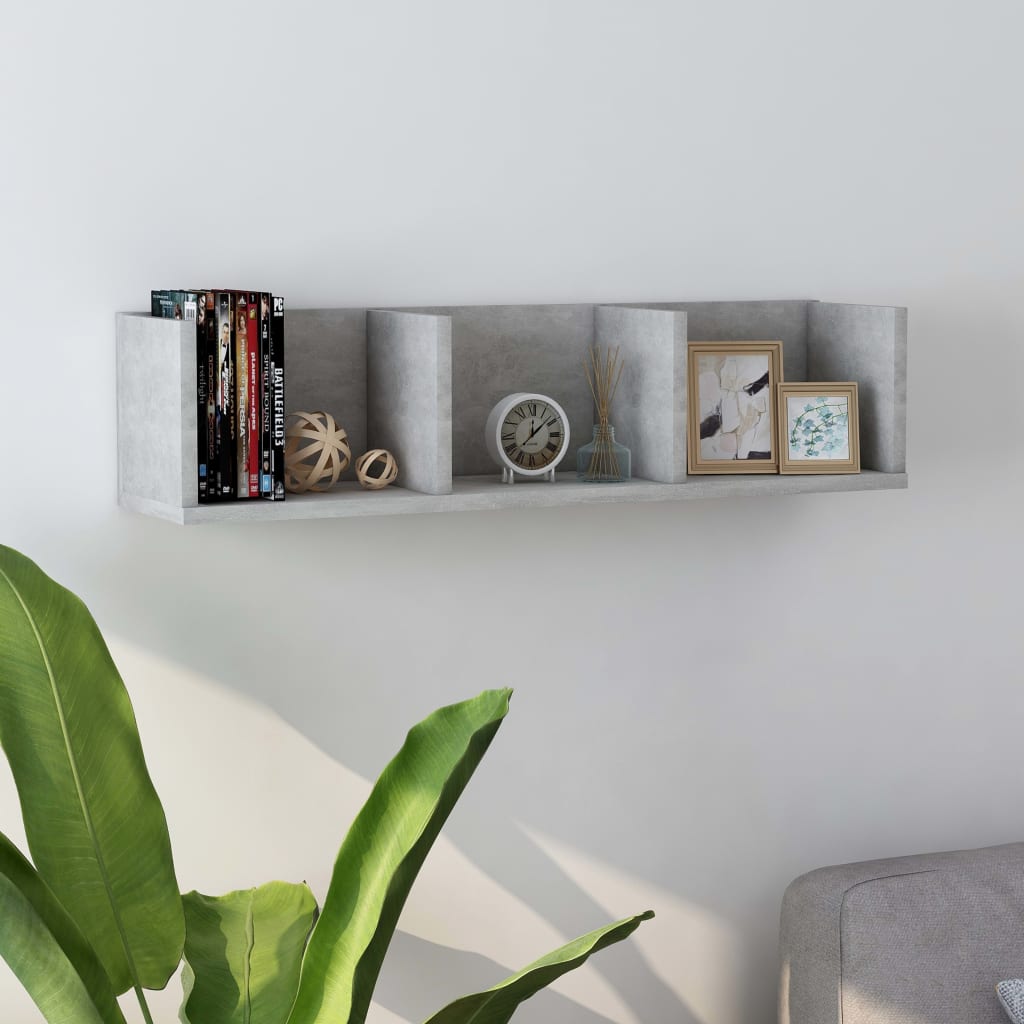 Cd-reol/væghylde 75 × 18 × 18 cm i konstrueret træ - betongrå
