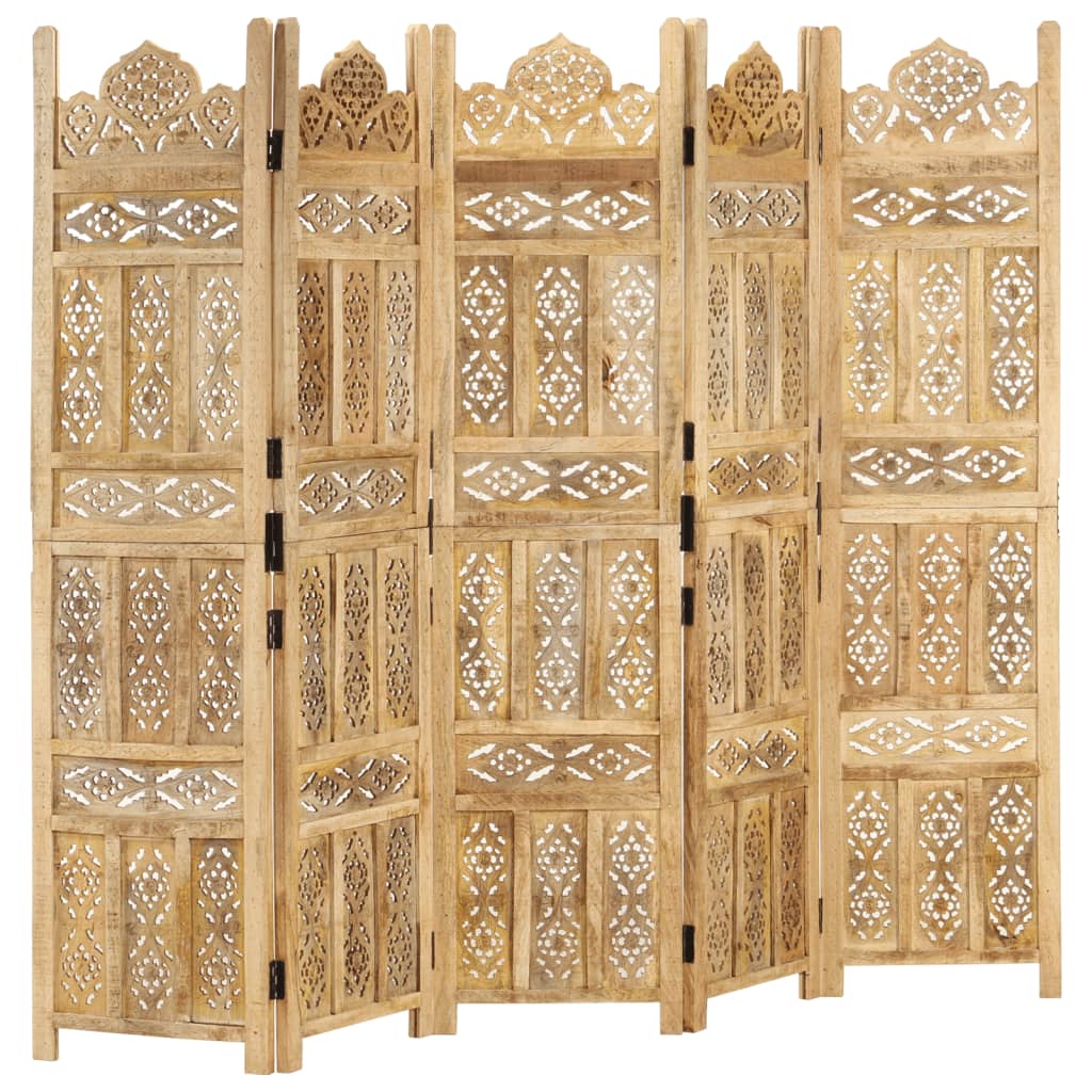 5-panels rumdeler håndskåret 200 x 165 cm massivt mangotræ