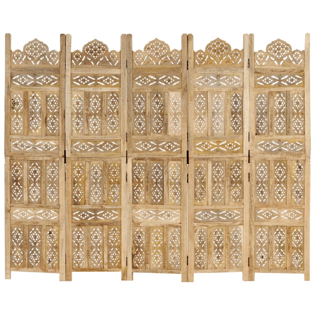 5-panels rumdeler håndskåret 200 x 165 cm massivt mangotræ