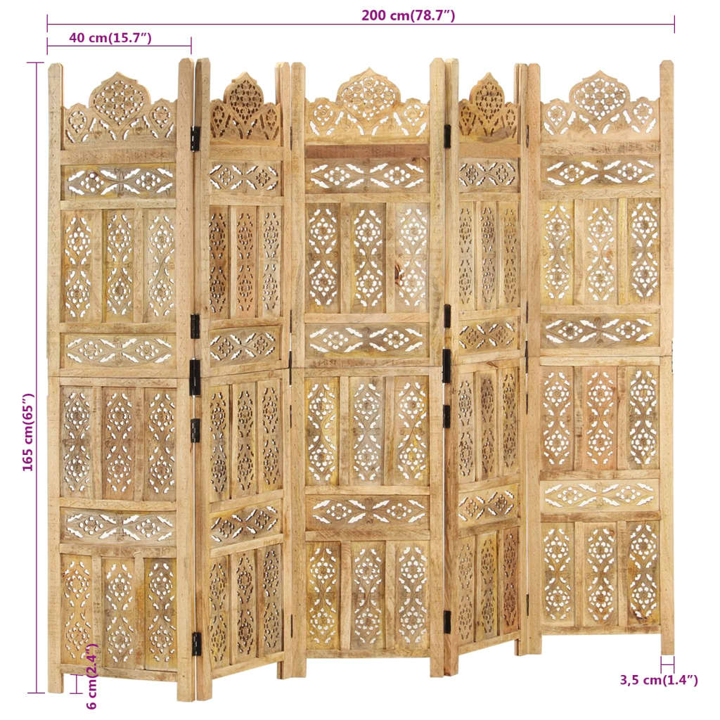 5-panels rumdeler håndskåret 200 x 165 cm massivt mangotræ