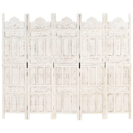 5-panels rumdeler håndskåret 200 x 165 cm massivt mangotræ hvid