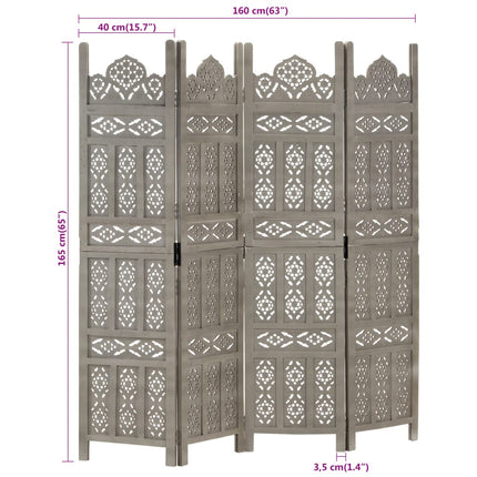 4-panels rumdeler håndskåret 160x165 cm massivt mangotræ grå