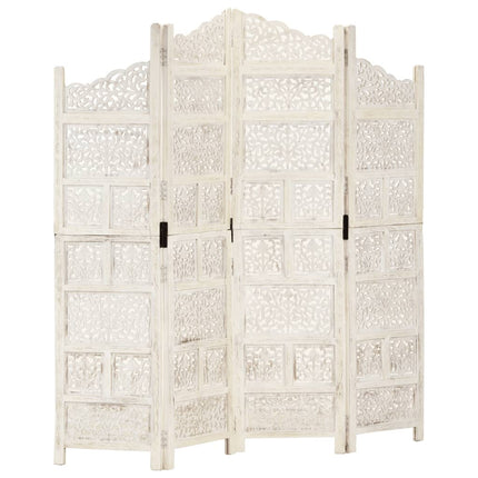4-panels rumdeler håndskåret 160 x 165 cm massivt mangotræ hvid