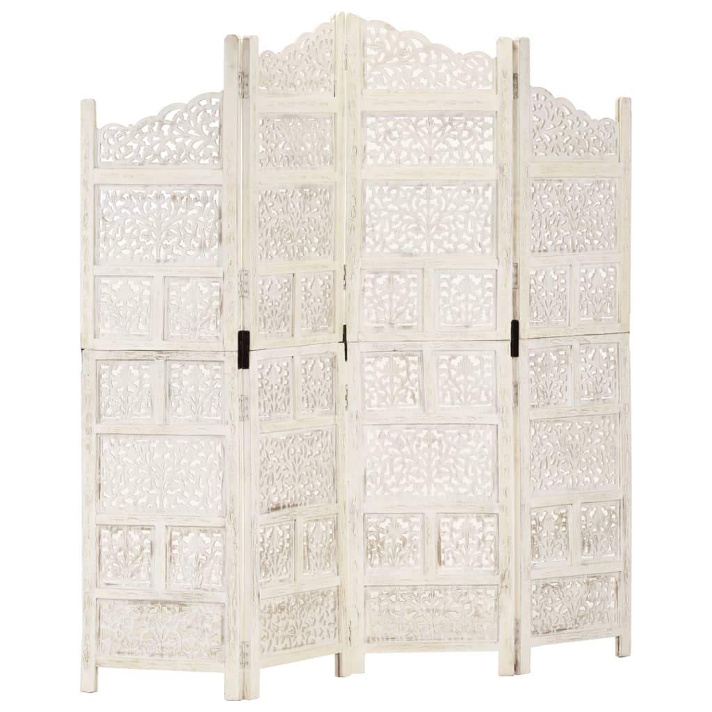 4-panels rumdeler håndskåret 160 x 165 cm massivt mangotræ hvid billede