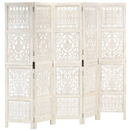 5-panels rumdeler håndskåret 200x165 cm massivt mangotræ hvid