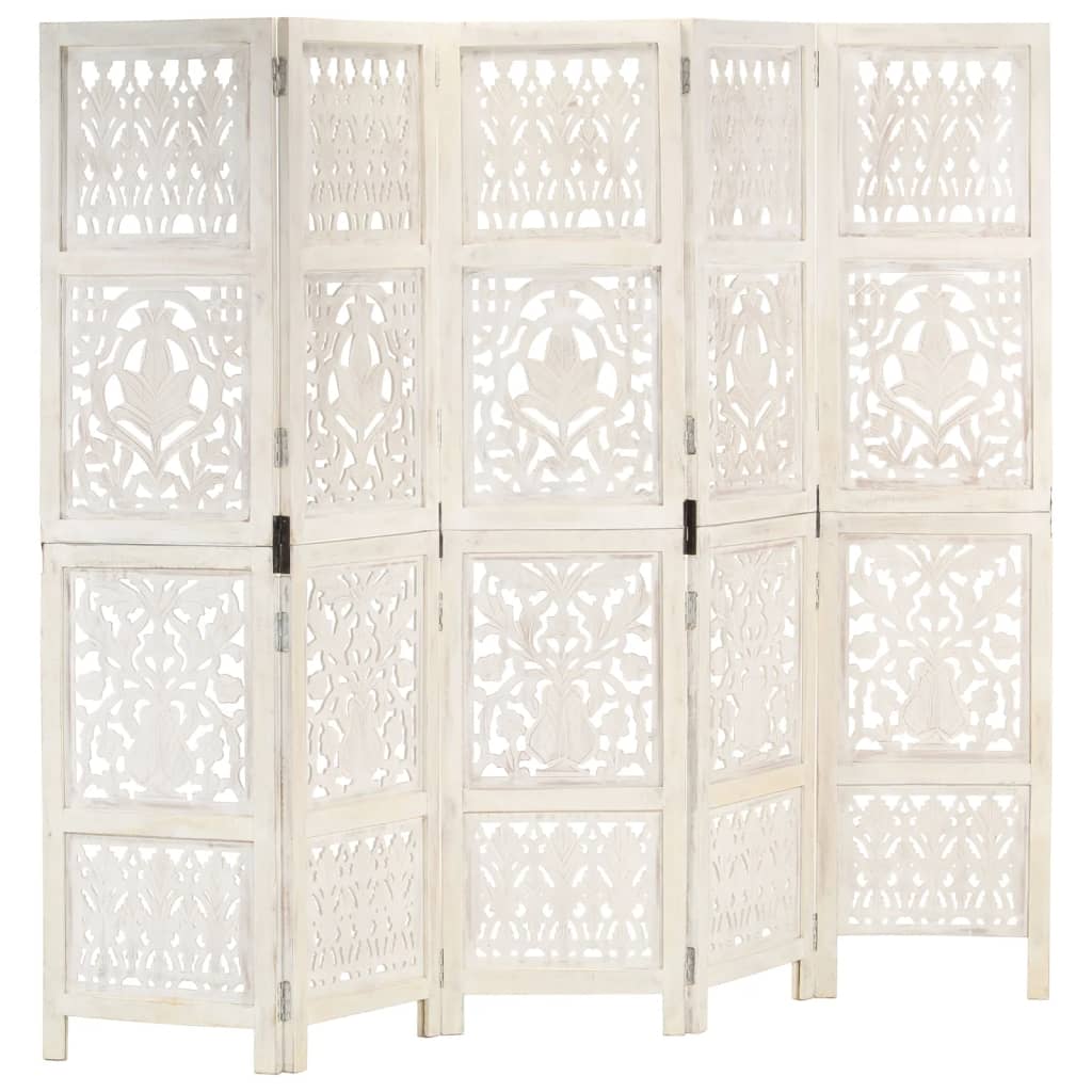 3-Panels Rumdeler Håndskåret 120 X 165 Cm Massivt Mangotræ - Hvid / 5