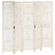 5-panels rumdeler håndskåret 200x165 cm massivt mangotræ hvid
