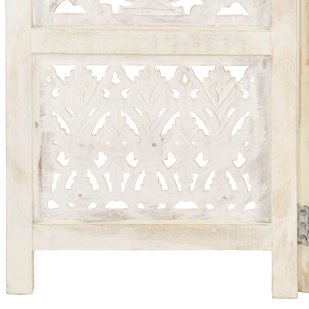5-panels rumdeler håndskåret 200x165 cm massivt mangotræ hvid