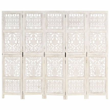 5-panels rumdeler håndskåret 200x165 cm massivt mangotræ hvid