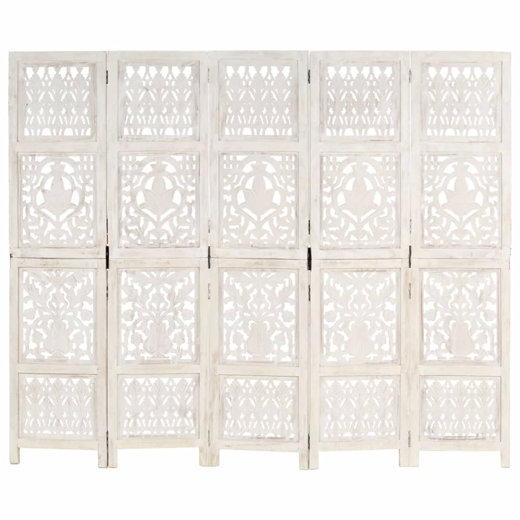 5-panels rumdeler håndskåret 200x165 cm massivt mangotræ hvid