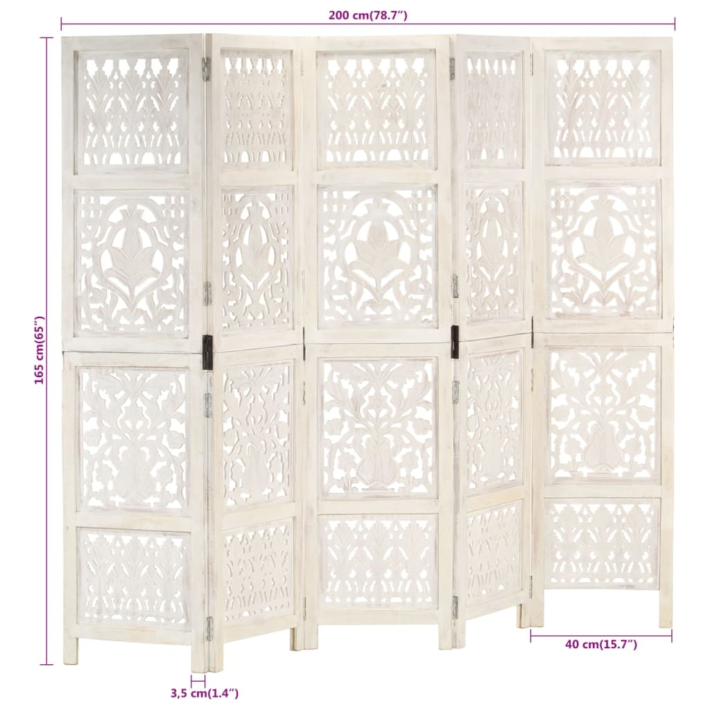 5-panels rumdeler håndskåret 200x165 cm massivt mangotræ hvid