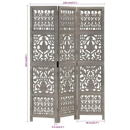 3-panels rumdeler håndskåret 120 x 165 cm massivt mangotræ grå