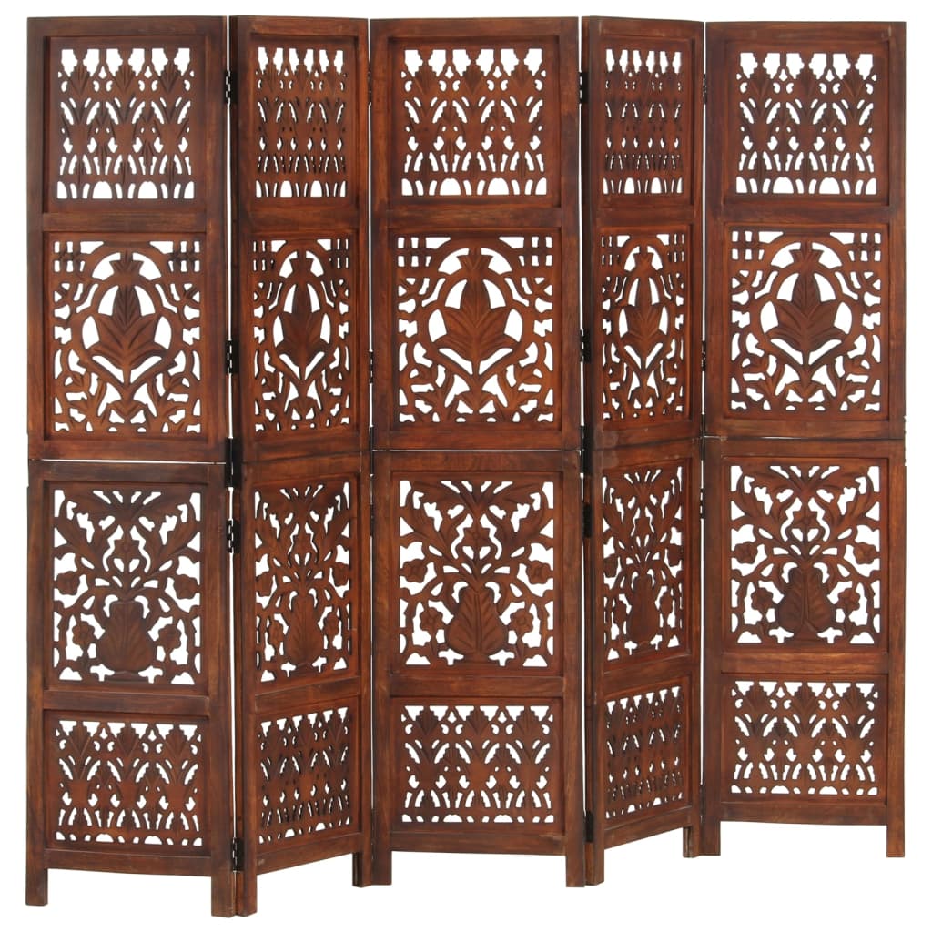 5-panels rumdeler håndskåret 200 x 165 cm massivt mangotræ brun billede
