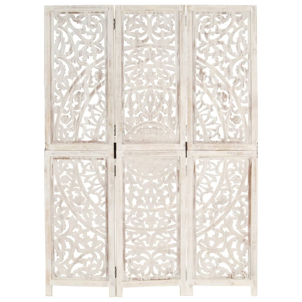 3-panels rumdeler håndskåret 120 x 165 cm massivt mangotræ hvid