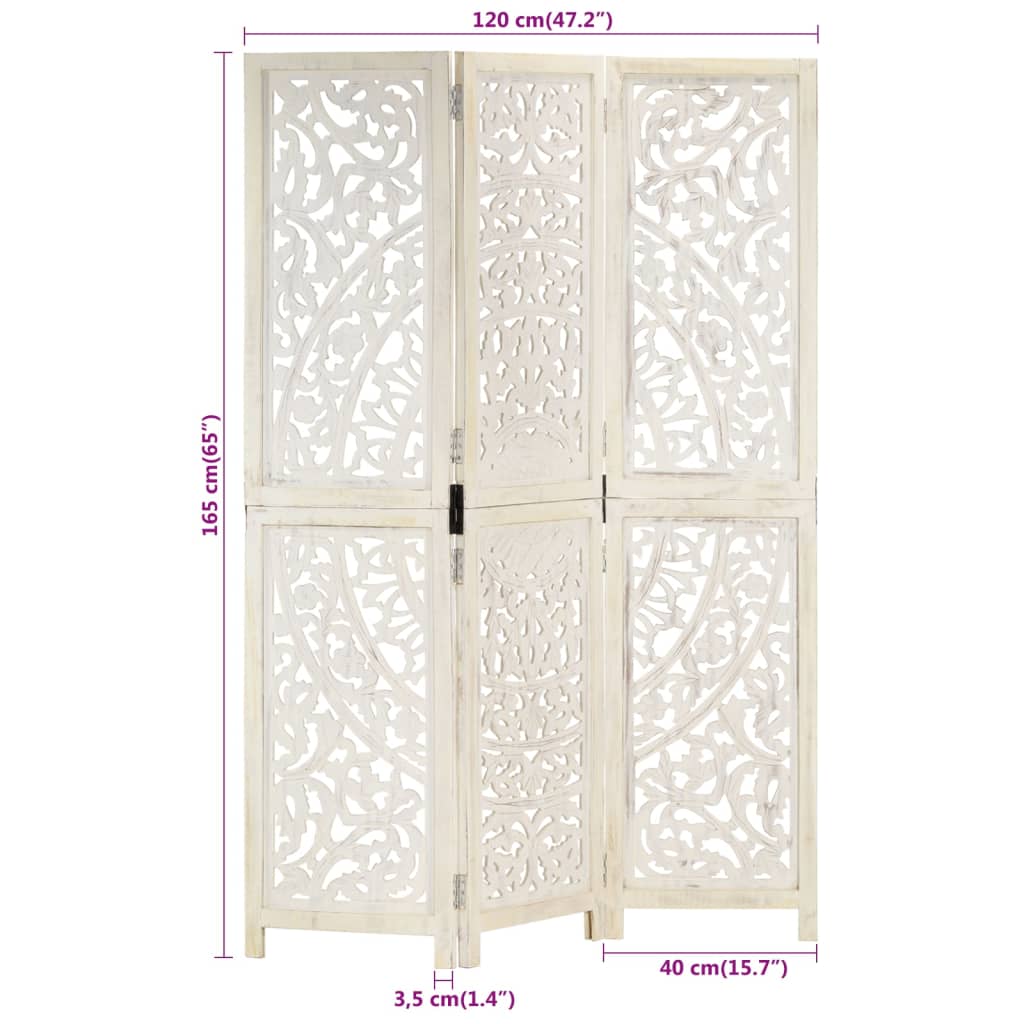 3-panels rumdeler håndskåret 120 x 165 cm massivt mangotræ hvid