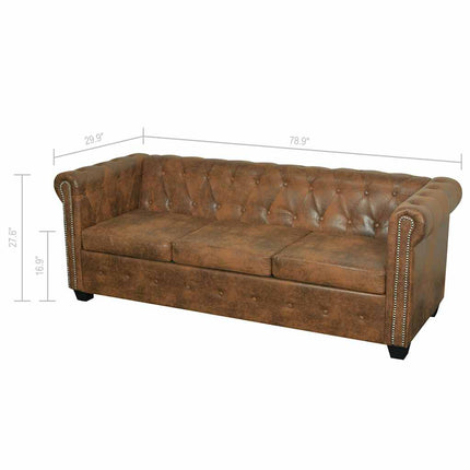 Chesterfield Sofa 3-personers Brun Kunstlæder