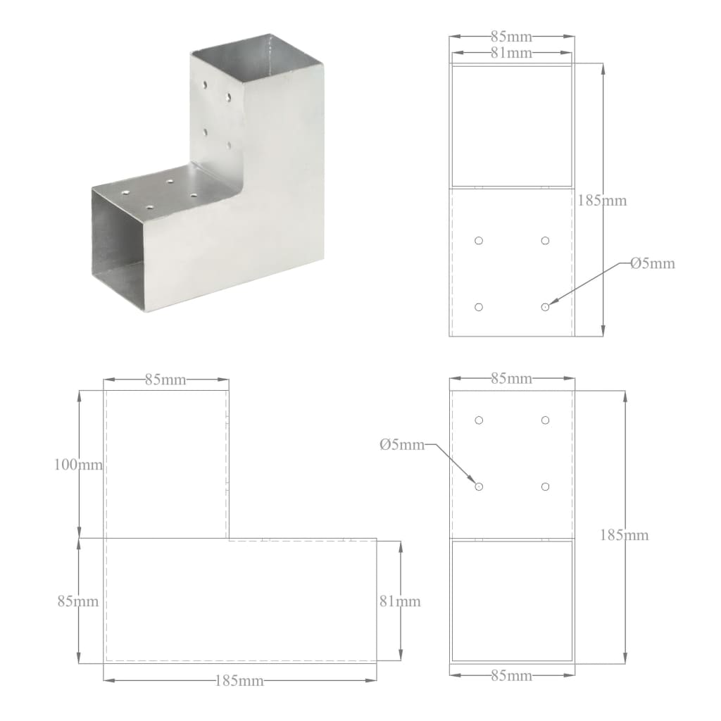 stolpebeslag L-form 81x81 mm galvaniseret metal