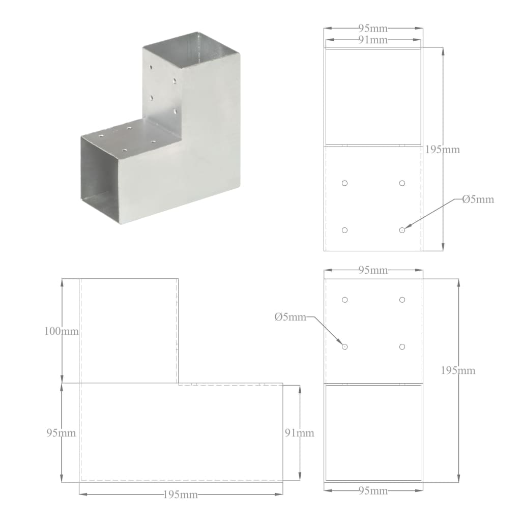 stolpebeslag L-form 91x91 mm galvaniseret metal