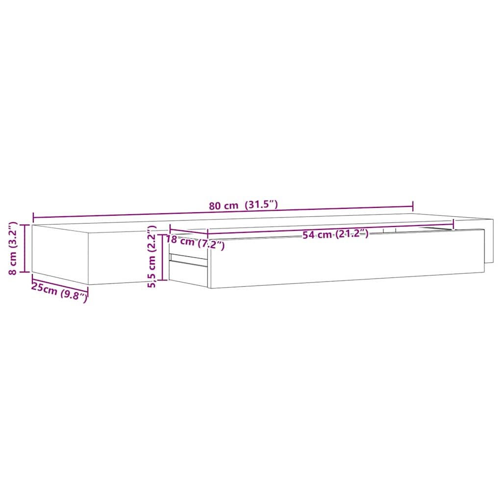 væghylde med skuffe 80x25x8 cm sort