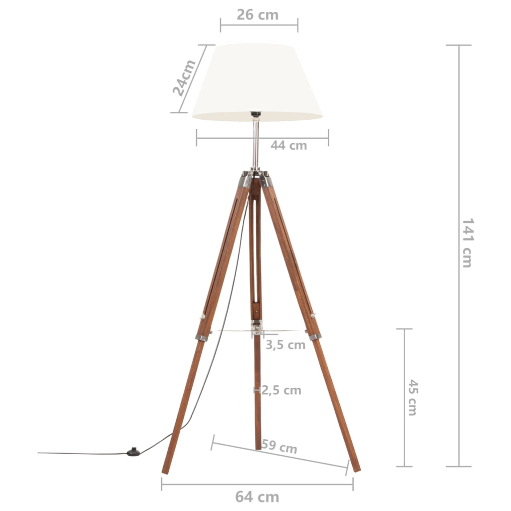 gulvlampe med trefod 141 cm massivt teaktræ honningbrun og hvid