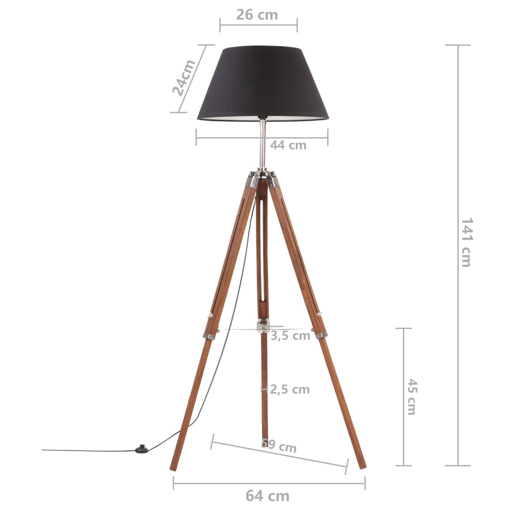 gulvlampe med trefod 141 cm massivt teaktræ honningbrun og sort