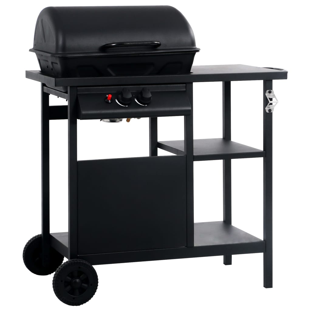 gasgrill med 3-lags sidebord sort