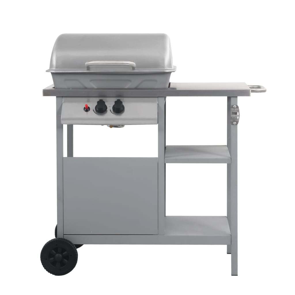 gasgrill med 3-lags sidebord sølvfarvet